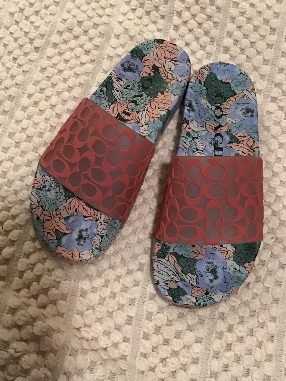 Coach Red Logo Floral Print Slide Sandals